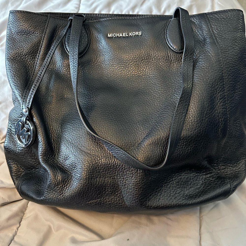 Michael Kors Black Pebbled Leather Tote with MK Charm